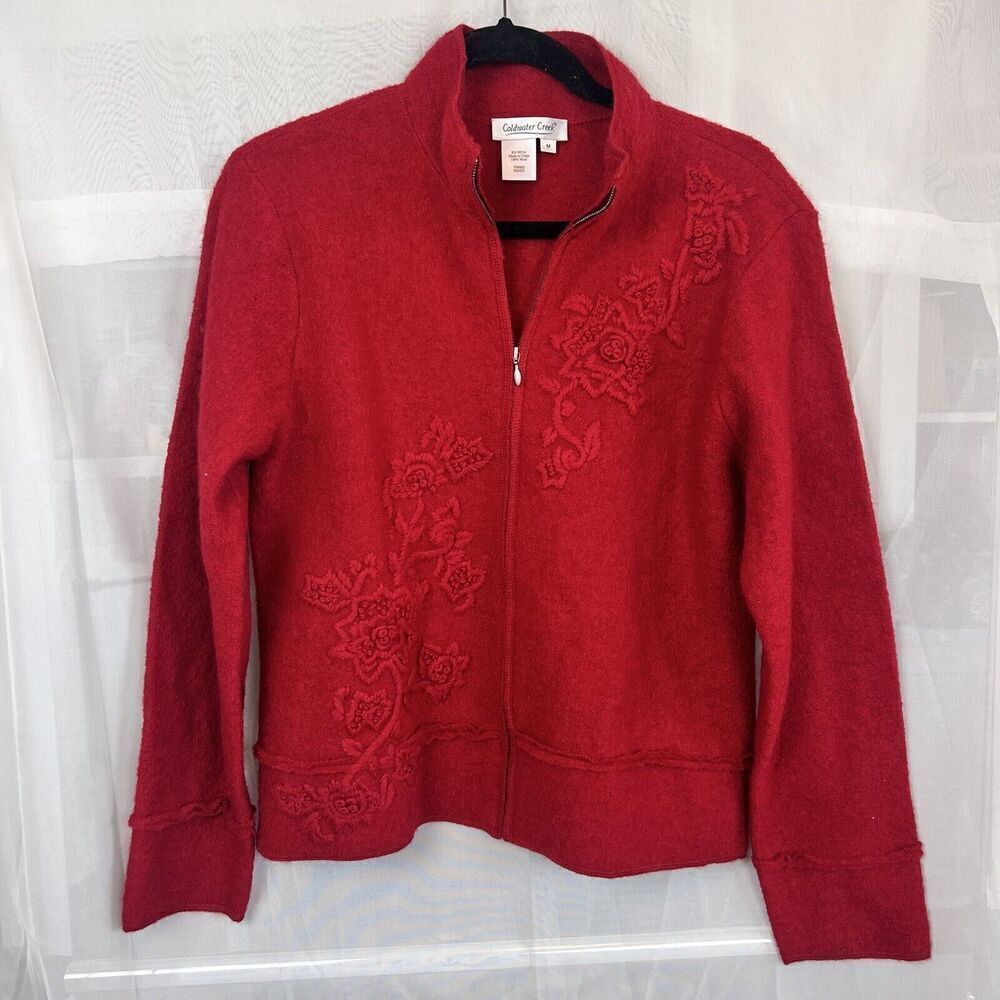 Coldwater Creek 100% wool zip up jacket womens MD cherry red embroidered winter